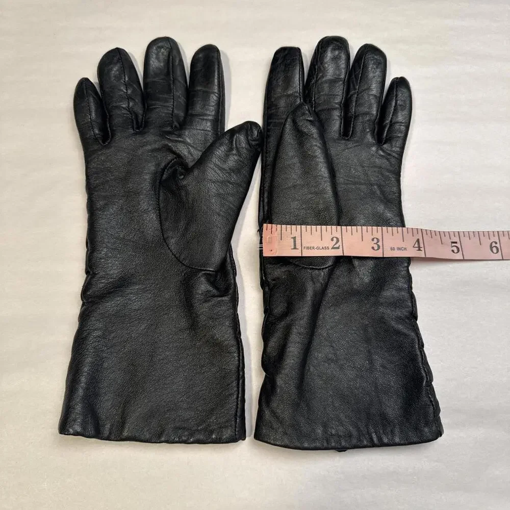 Vintage 90s Genuine Leather black Smocked Gauntlet Gloves‎ size L